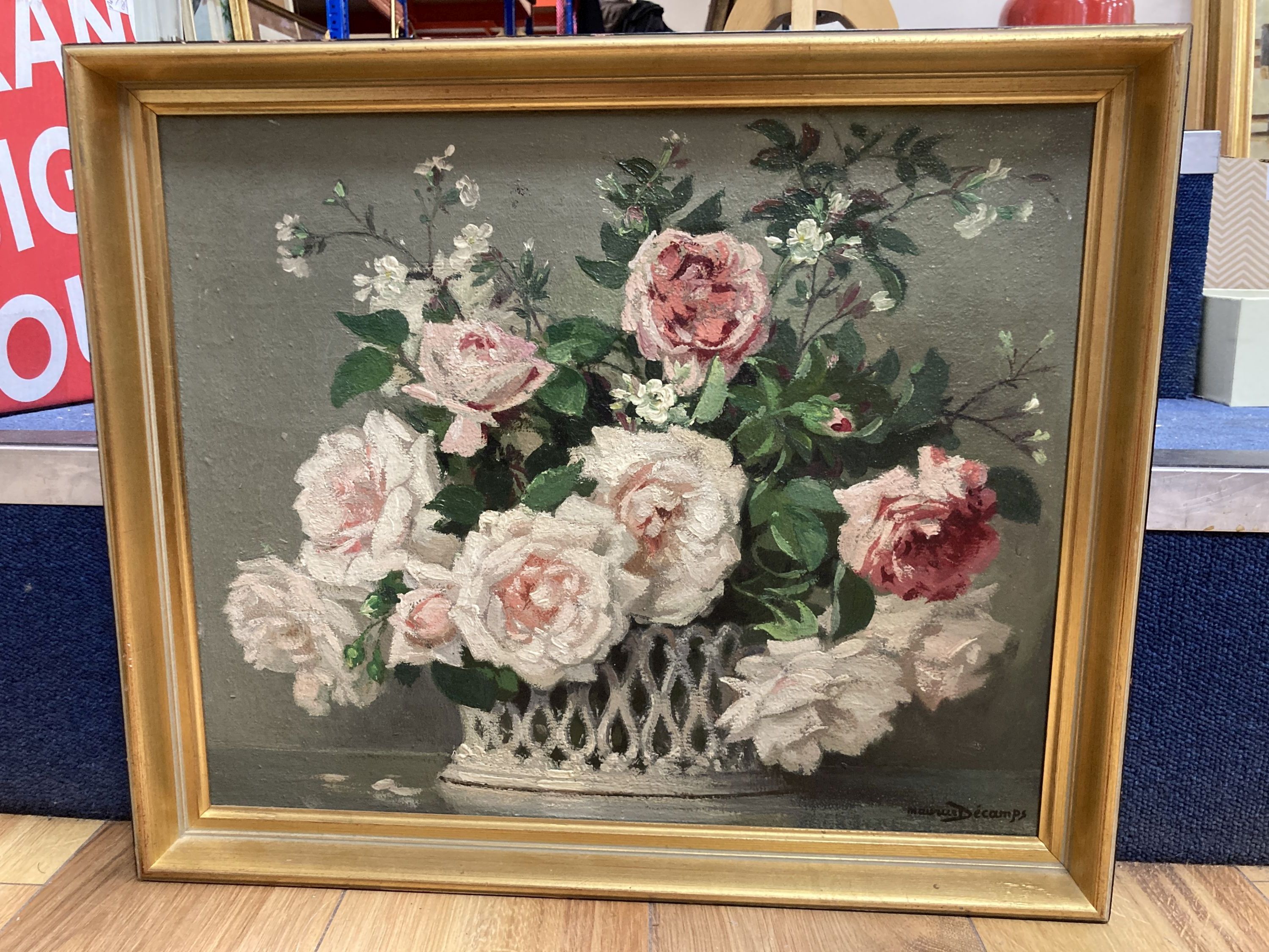 Maurice Decamps, oil on canvas, Still life of roses in a basket, signed, 37 x 44.5cm